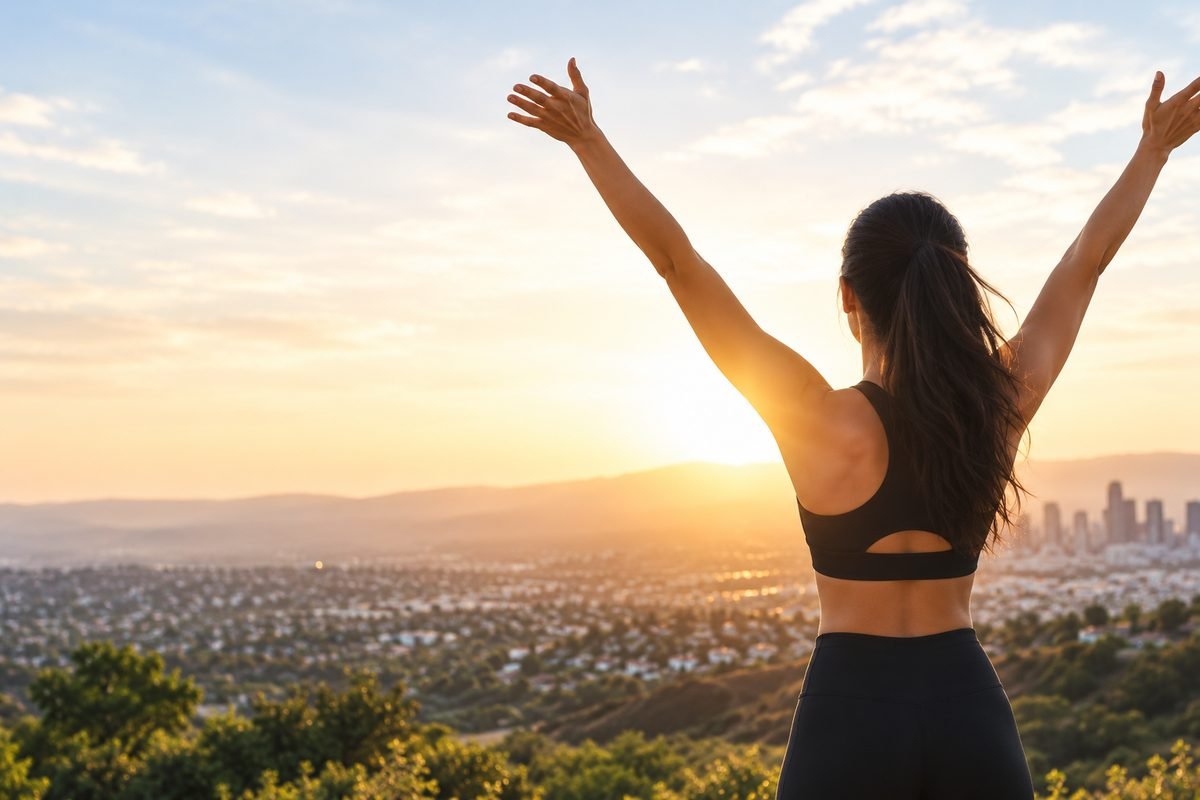 Woman standing outdoors at sunrise with arms raised, feeling well in her body